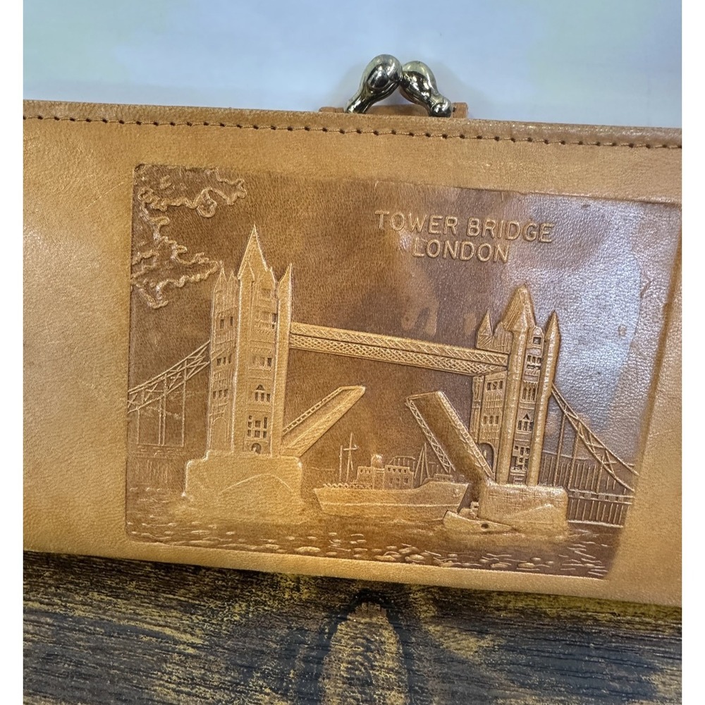 Vintage London Big Ben Tower Bridge Real Leather Kiss Lock Bifold Wallet England - Picture 6 of 16